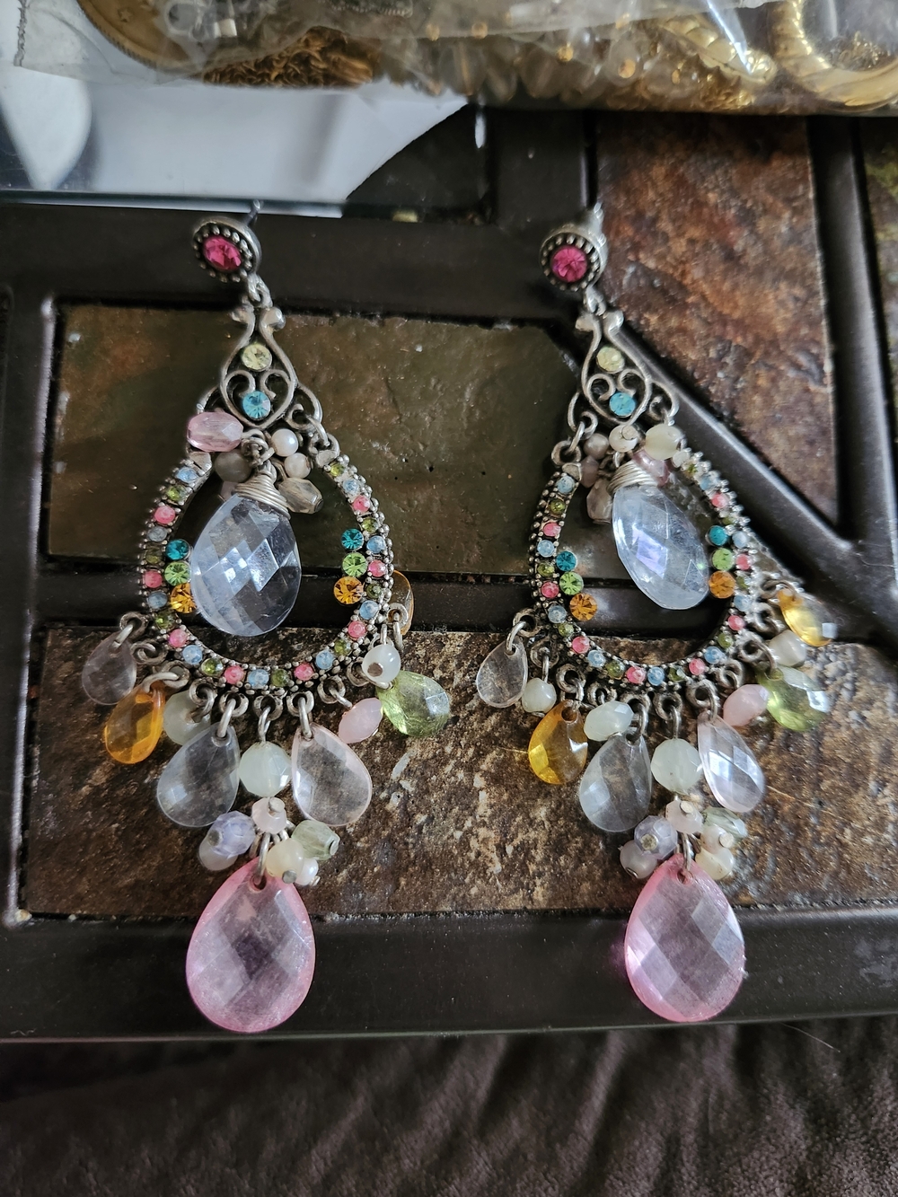 Vintage 90's Multicolor Teardrop Crystal Chandelier Earrings